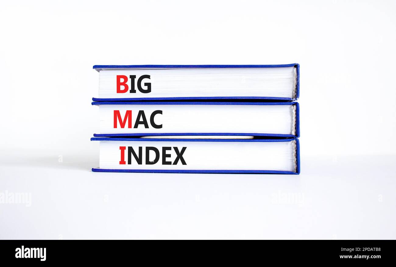 BMI Big mac-Indexsymbol. Konzeptwörter BMI Big mac Index auf Büchern auf einem schönen weißen Tischhintergrund. Business und BMI Big mac Indexkonzept Stockfoto