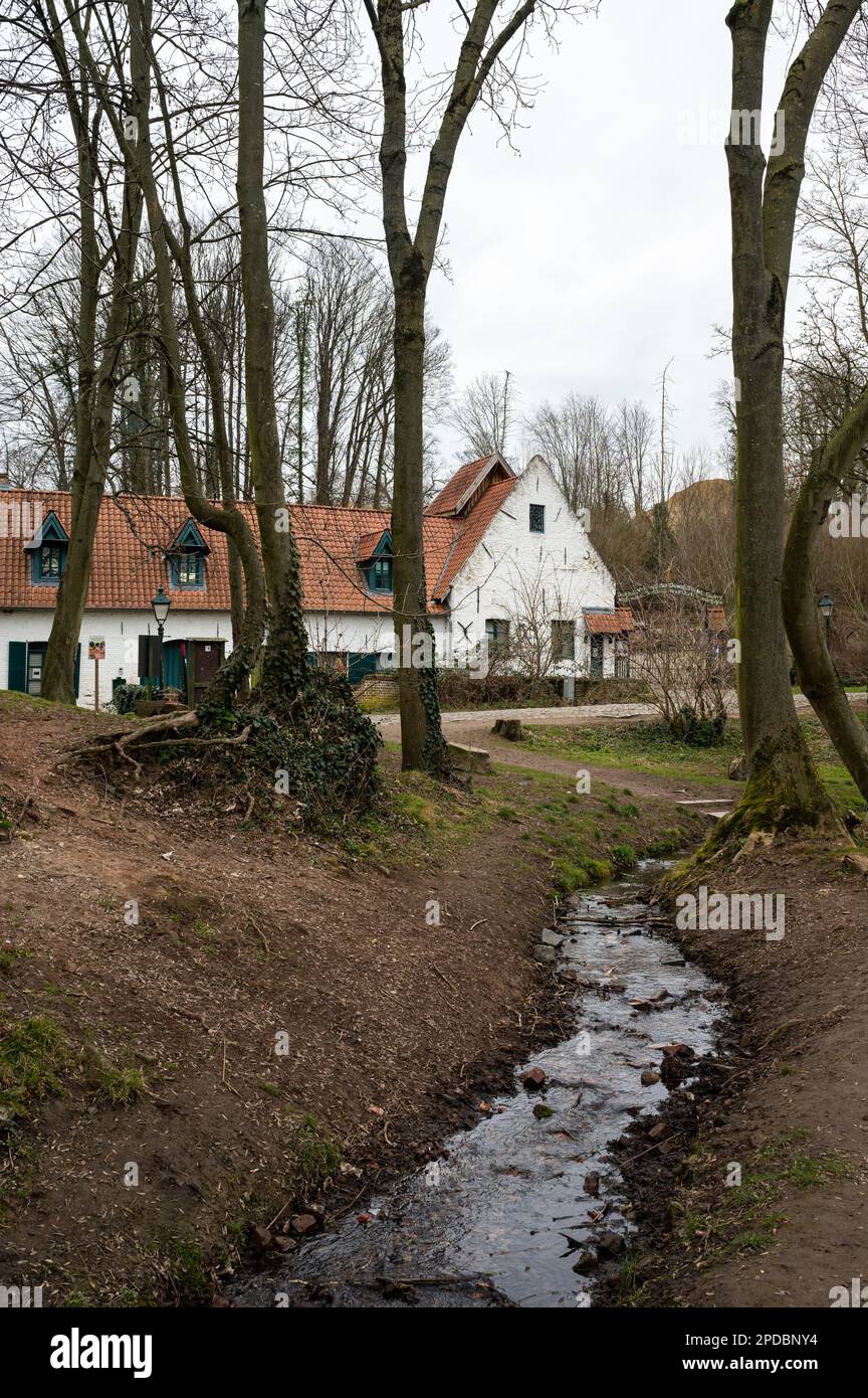 Uccle, Region Brüssel-Hauptstadt, Belgien, 4. März 2023 - Seniorenheim für Kriegsopfer mit grünem Bach im Naturschutzgebiet Keyenbempt Stockfoto
