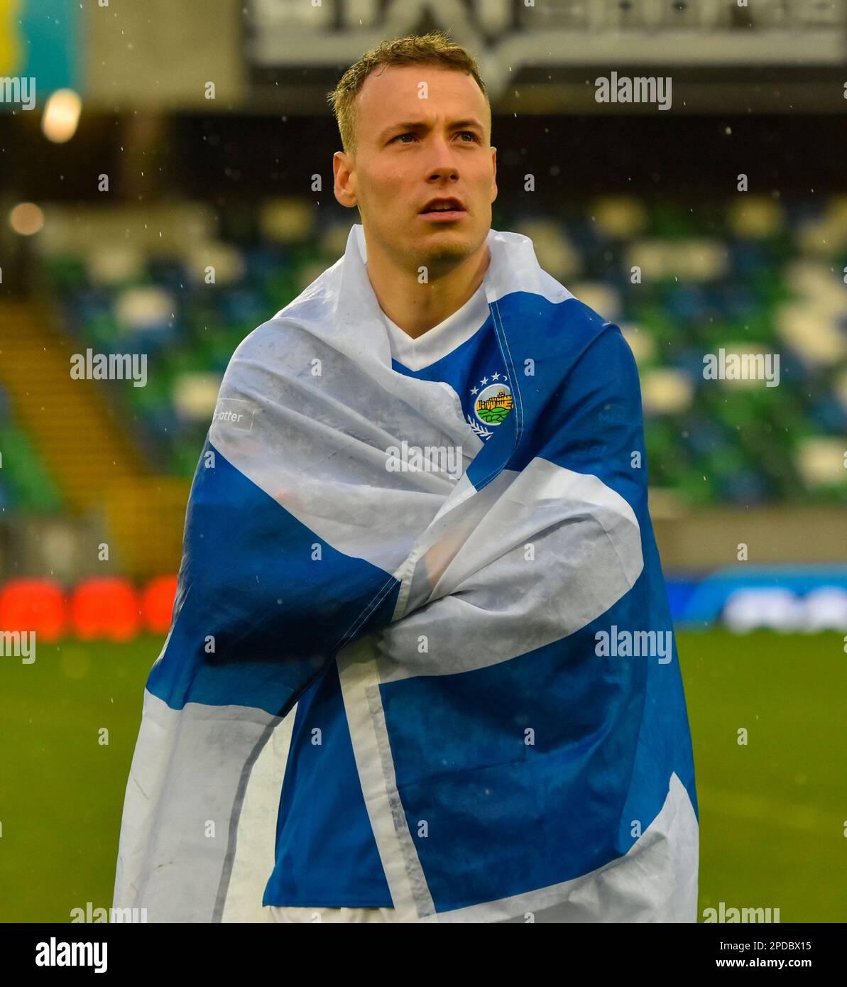 Eetu Vertainen, Linfield FC-Spieler. BetMcLean Cup Finale 2023, Linfield gegen Coleraine. Nationalstadion im Windsor Park, Belfast. Stockfoto