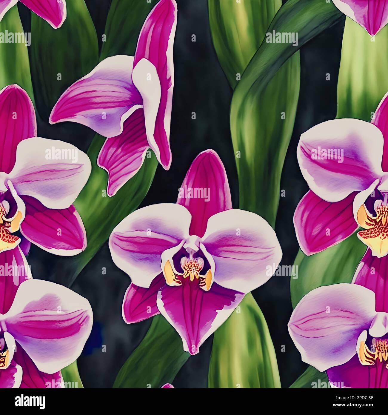 Wasserfarbenes, nahtloses Muster mit leuchtend pinkfarbenen Orchideen und grünen Blättern. Tropische Blumenkulisse. Handgezeichnete botanische Ornamente. Abbildung für Stockfoto