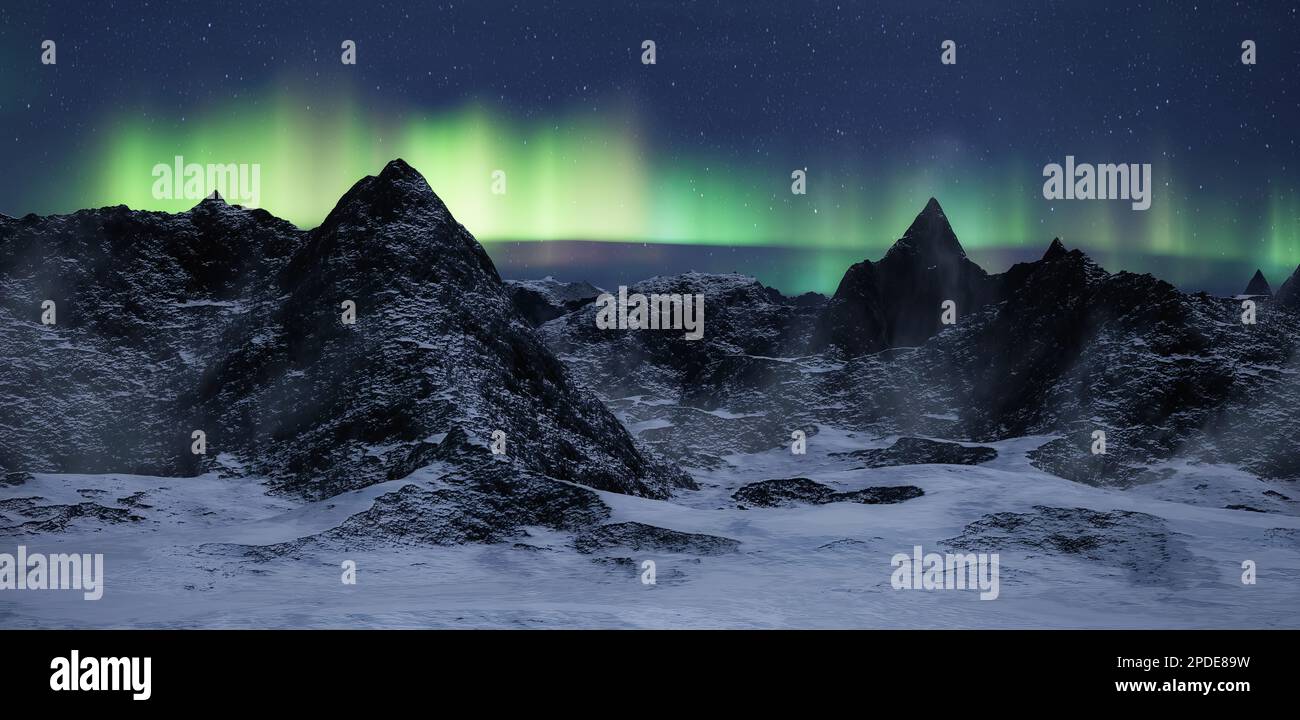 Rocky Mountain Landscape bei Nacht mit Stars und Northern Lights in Sky. Stockfoto