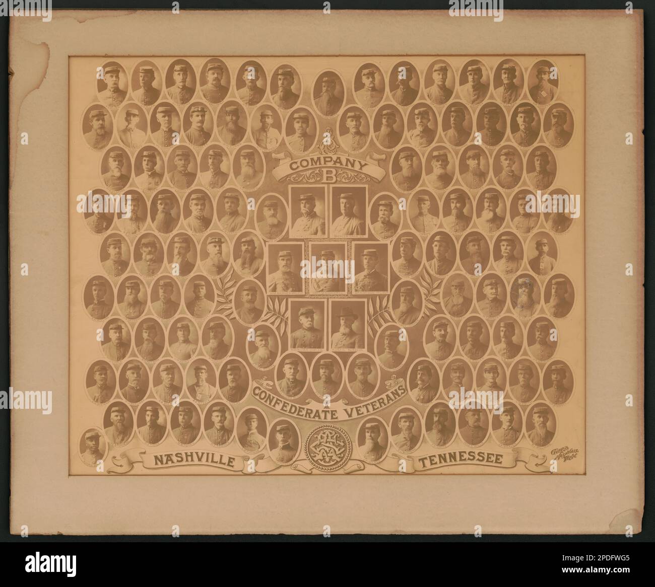 Unternehmen B, Confederate Veterans, Nashville, Tennessee / Giers, Nashville, Zehn. Liljenquist Family Collection of Civil war Photographs , Veröffentlicht in: Biografische Skizzen und Bilder von Unternehmen B, Confederate Veterans of Nashville, Tennessee. [Brentwood, Tennessee : B. P. Barnes, 1974?]. Nachdruck der 1902. Auflage gedruckt von Foster & Webb, Nashville, pp/liljvet. United Confederate Veterans, Company B, Confederate Veterans of Nashville, Tenn, 1890-1910, Confederate States of America, Army, People, 1890-1910, Veterans, Confederate, 1890-1910, Usa, Geschichte, Bürgerkrieg, 1861-1865, Veteranen, Konfe Stockfoto