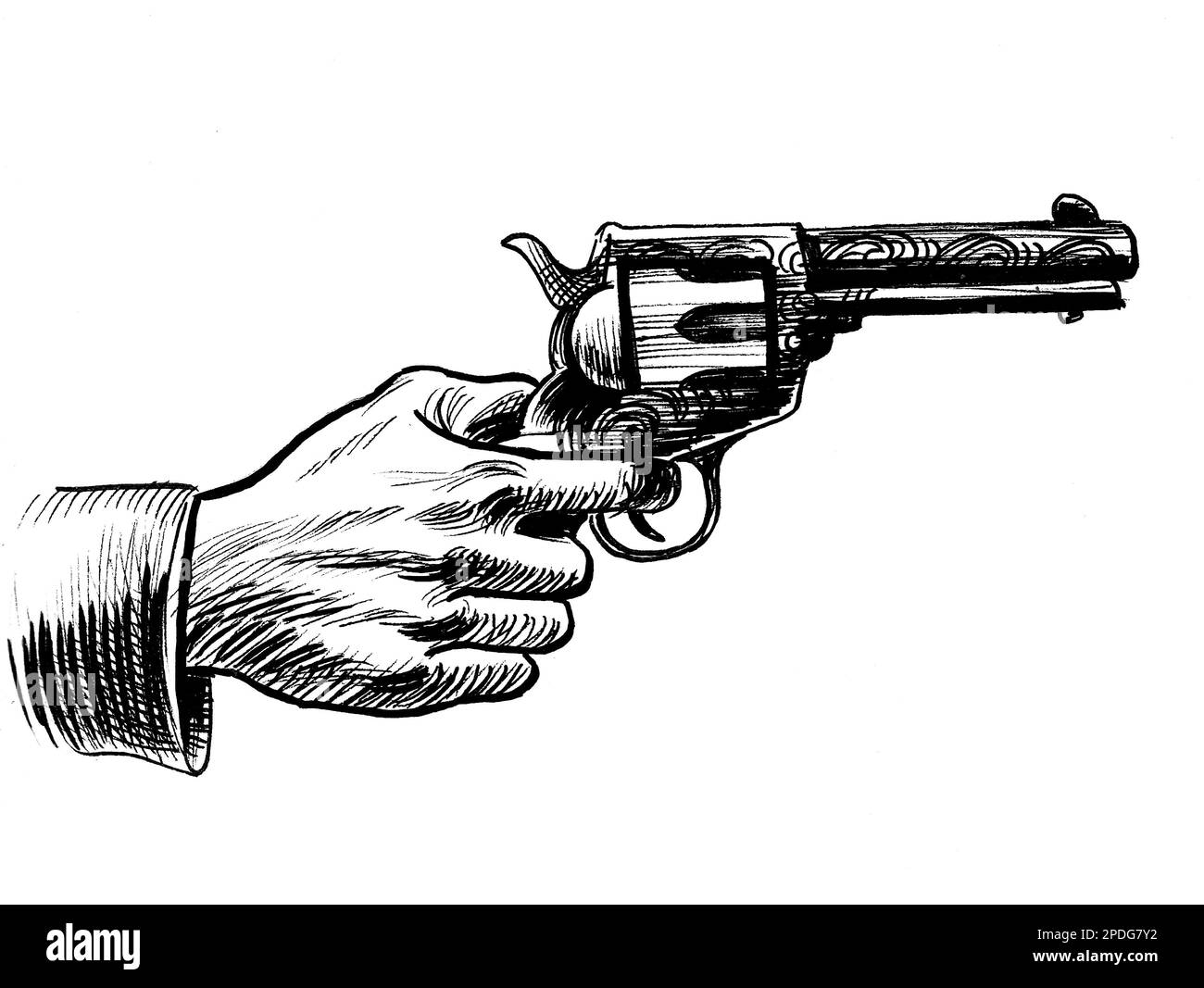Hand mit einem Revolver Pistole. Tinte schwarz-weiss Zeichnung Stockfoto