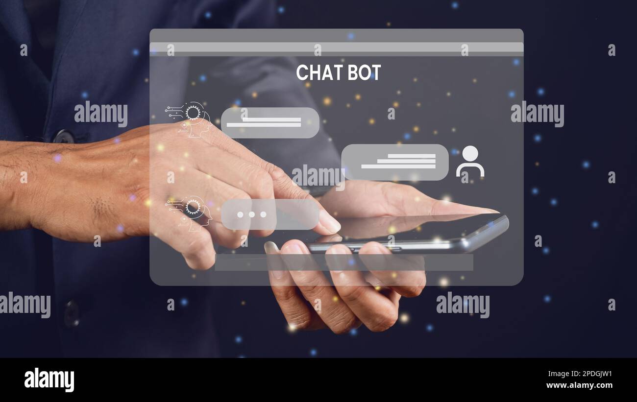 Chatten Sie mit künstlicher Intelligenz. Geschäftsleute verwenden Robotertechnologie mit künstlicher Intelligenz, indem sie Befehlszeilen eingeben, um etwas zu produzieren, Stockfoto