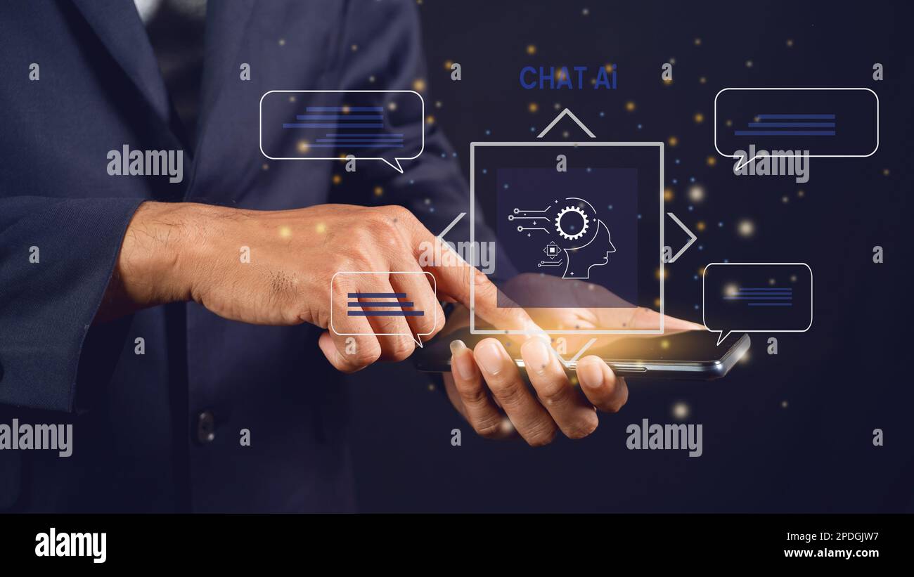 Geschäftsmann, der globale Internet-Technologie mit künstlicher Intelligenz nutzt. Verwenden Sie die Eingabeaufforderung, um etwas zu erzeugen, Stockfoto
