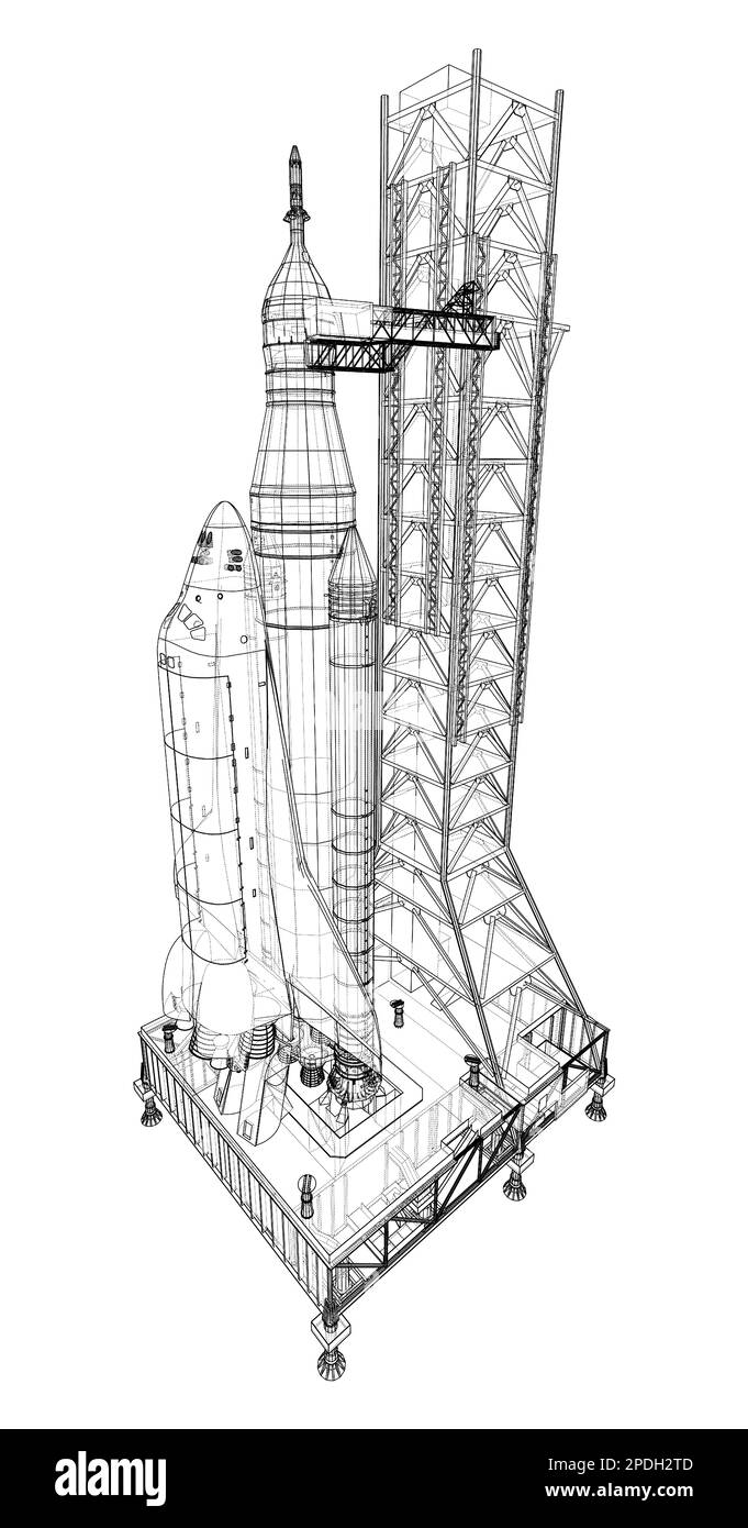 Space Rocket auf dem Startfeld Stockfoto