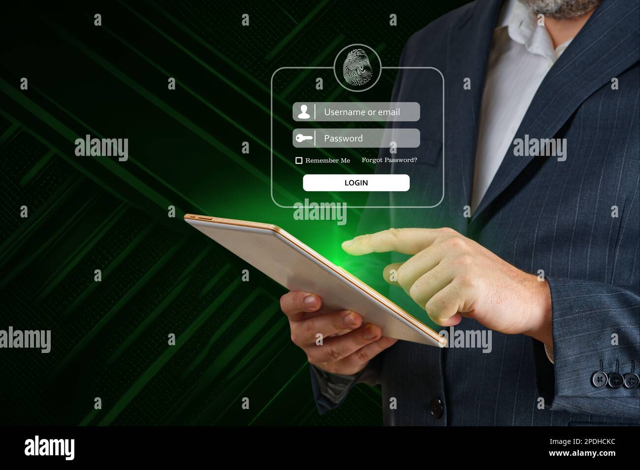 Melden Sie sich mit einem digitalen Gerät an. Man Hand mit Online-Banking E-Commerce Online-Sicherheitsbezahlungskonzept Stockfoto
