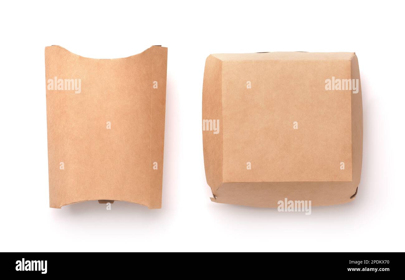 Draufsicht auf braunen Papierburger und Pommes-Frites-Boxen isoliert auf weiß Stockfoto
