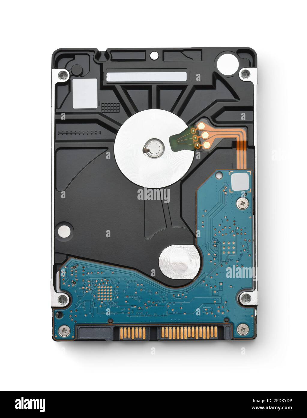 Draufsicht der internen 2,5-Zoll-Laptop-Festplatte isoliert auf weiß Stockfoto