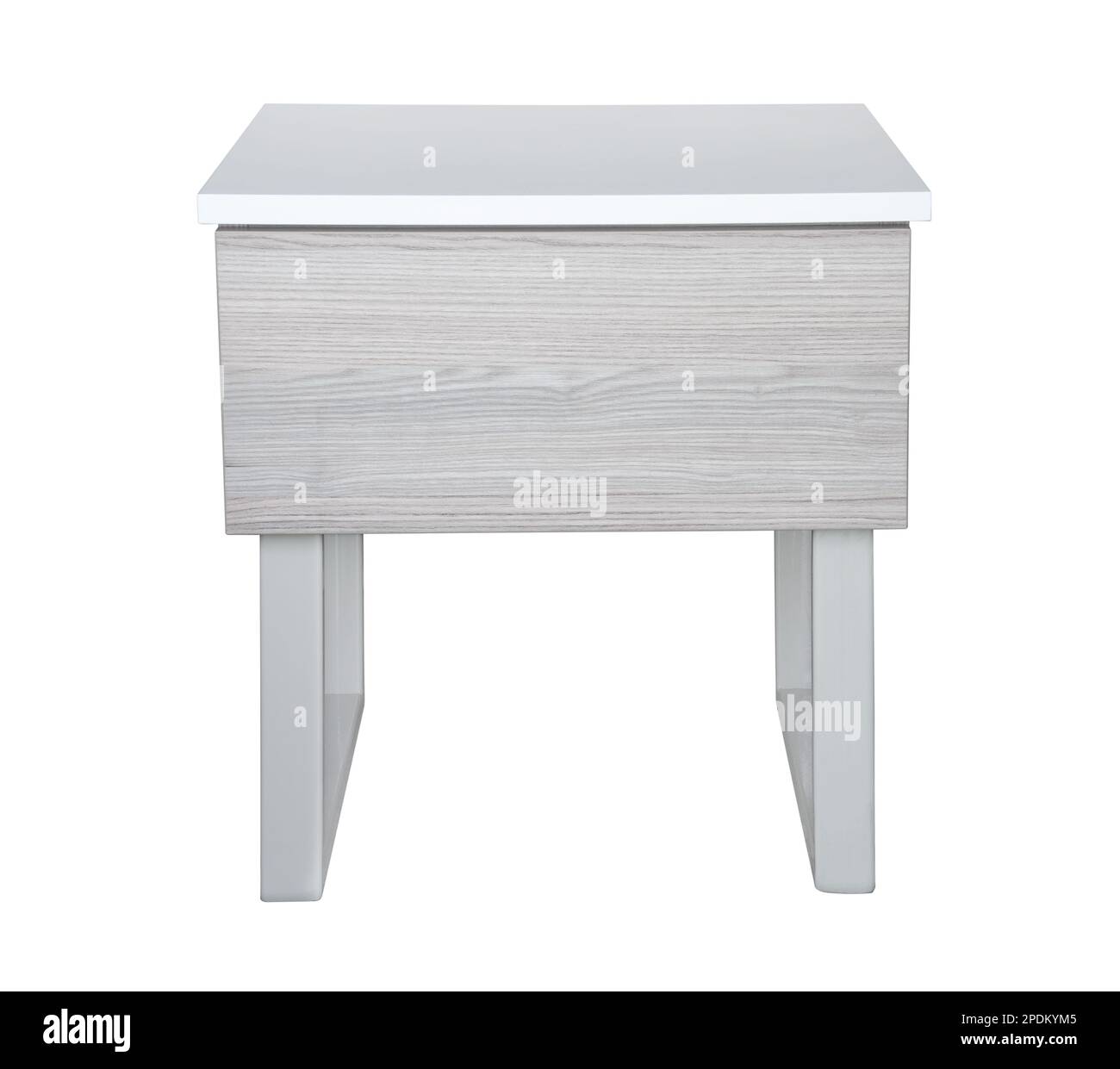 Vorderansicht eines grauen, modernen Nachttischs, isoliert auf Weiß Stockfoto