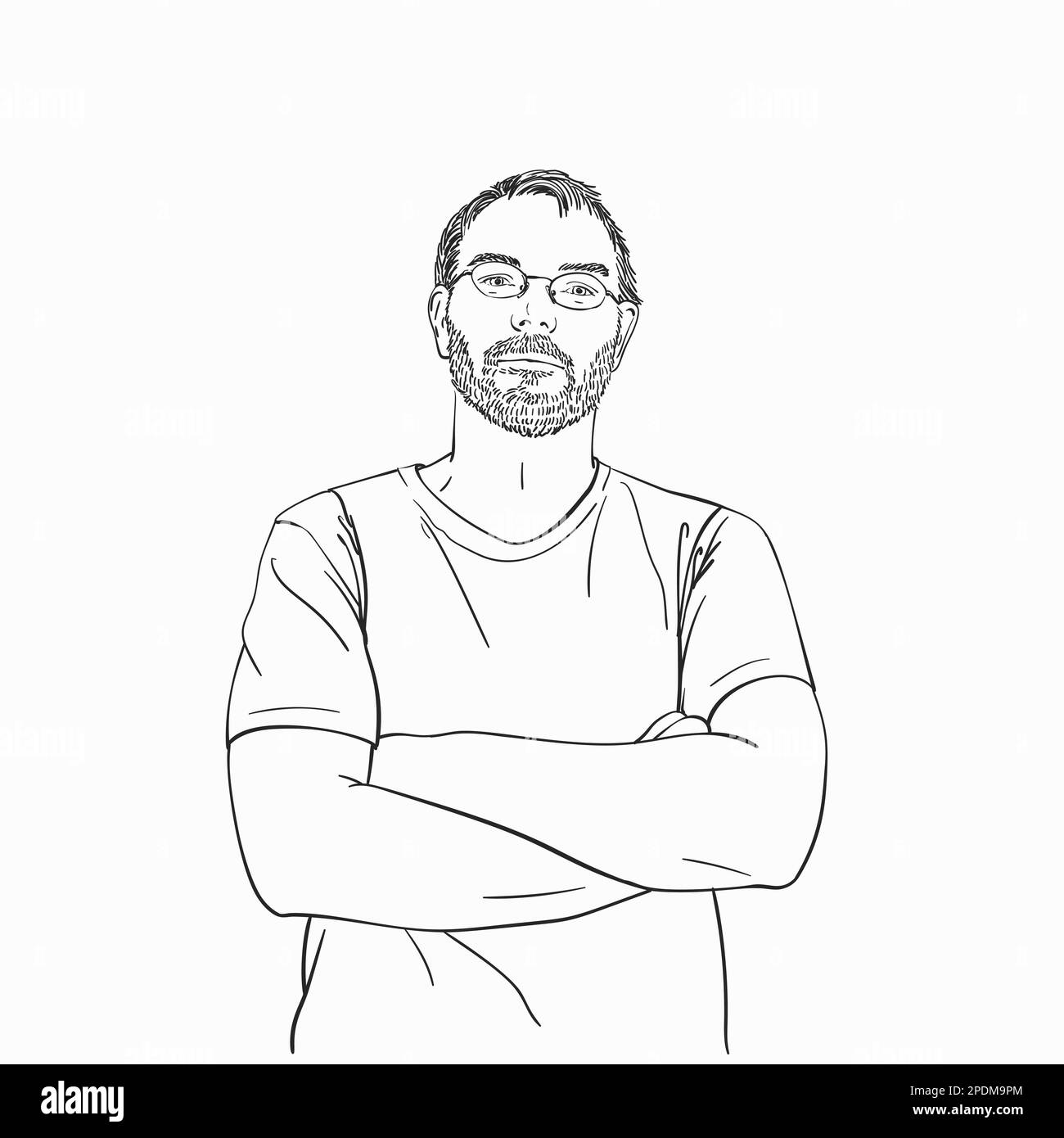 Mann mit gekreuzten Armen über der Brust, trägt Brille und Bart, von Hand gezeichnet, isoliert, Vektorskizze, von Hand gezeichnet, lineare Illustration Stock Vektor