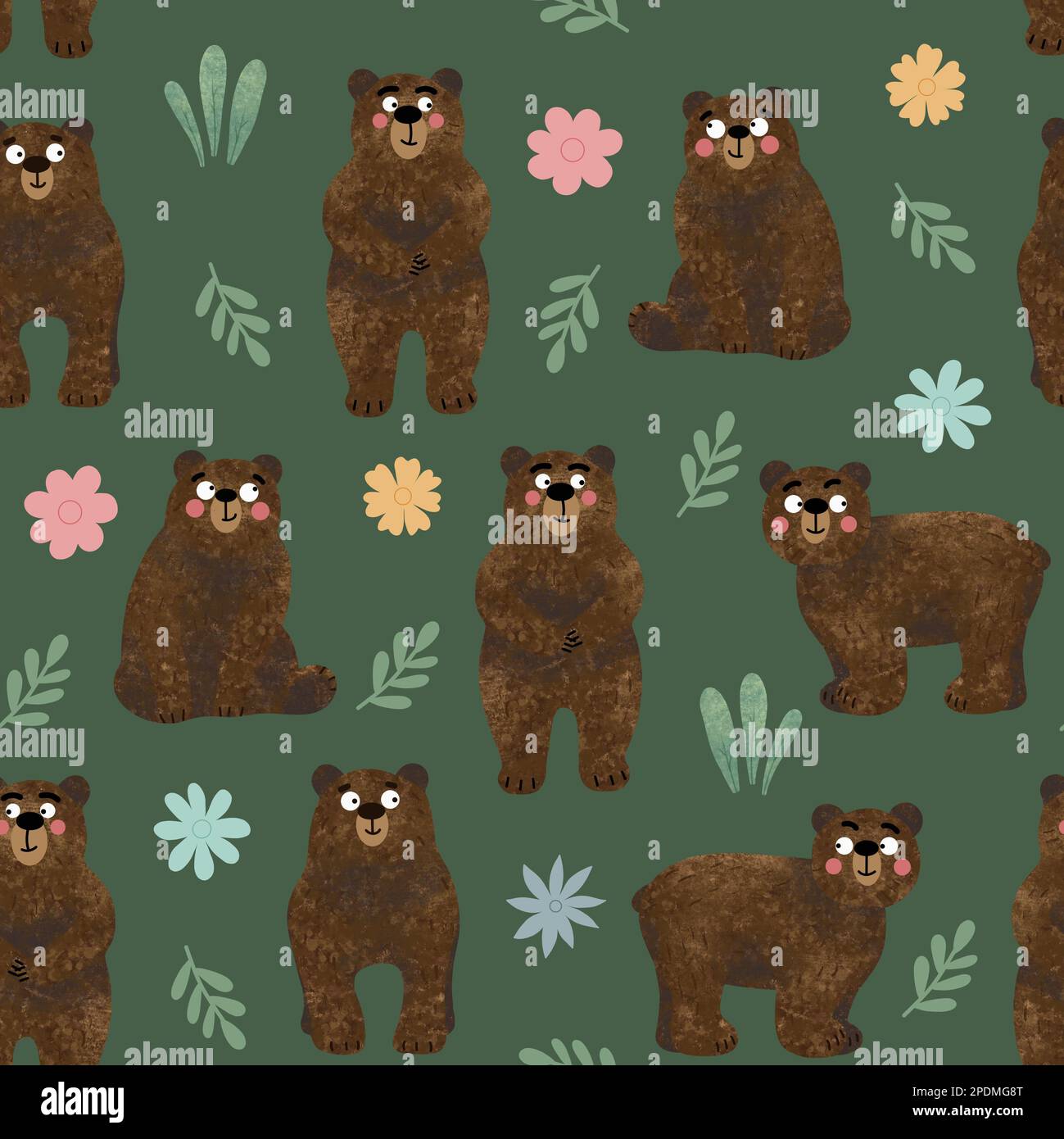 Mit einem nahtlosen Muster mit handgezeichneten, niedlichen wilden Tieren und Blumen auf grünem Hintergrund. Kinderbärenmotiv Stockfoto