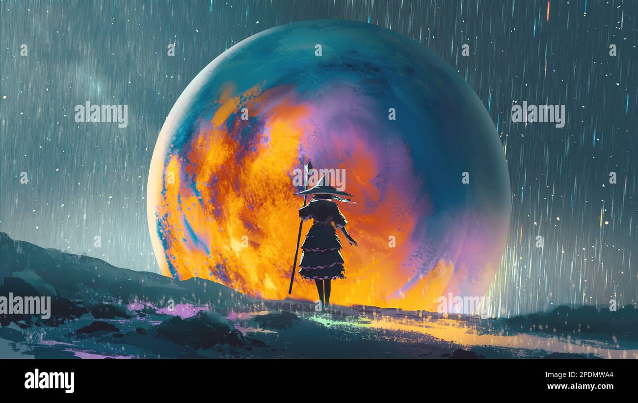 Hexe mit Zauberstab, die vor dem bunten großen Planeten steht, digitaler Kunststil, Illustrationsmalerei Stockfoto