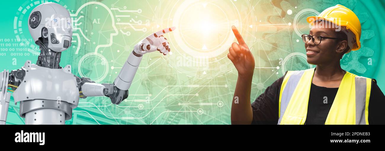 Ingenieur, Mensch, Robotik, künstliche Intelligenz mit KI-Technologie für die Automationsfabrikindustrie Fügen Sie sich einem breiten Banner bei Stockfoto