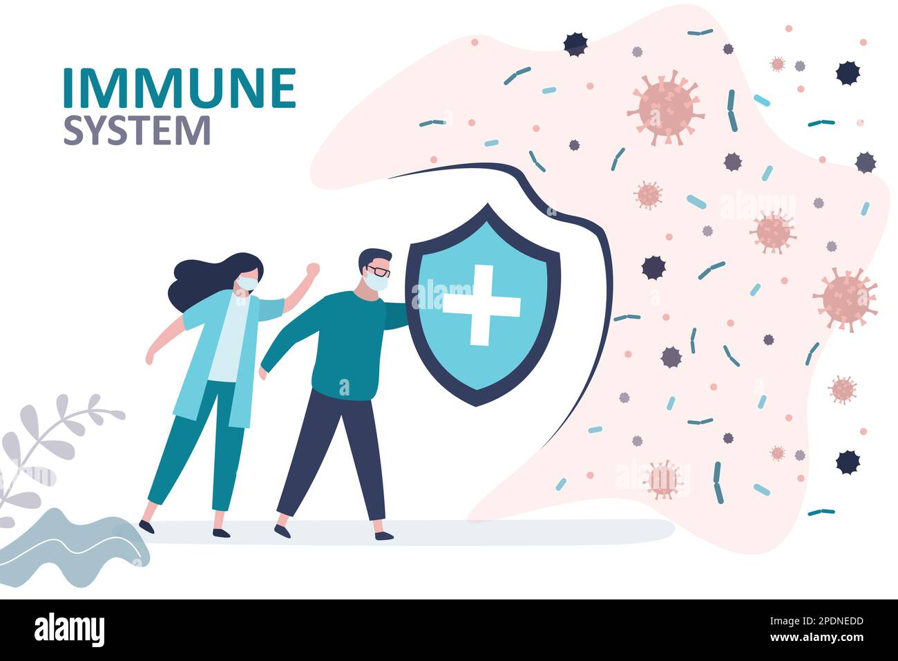 Menschen mit Gesichtsmasken schützen das Immunsystem vor Viren und Bakterien. Frau und Mann mit Schild schützen Immunität vor Krankheiten. Konzept der Medizin und Stock Vektor