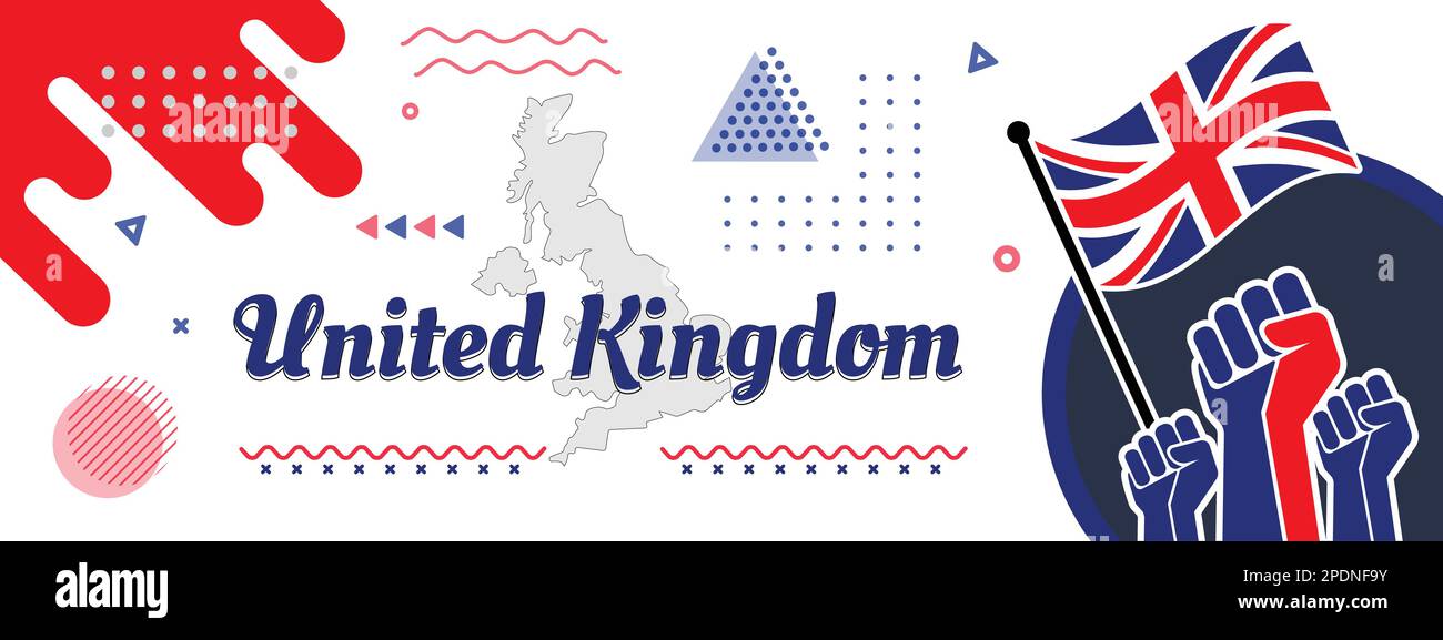 Banner für den Nationaltag des Vereinigten Königreichs für den Unabhängigkeitstag mit abstraktem Design. Großbritannien, Großbritannien, Landkarte, erhabene Fäuste und geometrische Kunst in Flaggenfarben. Stock Vektor