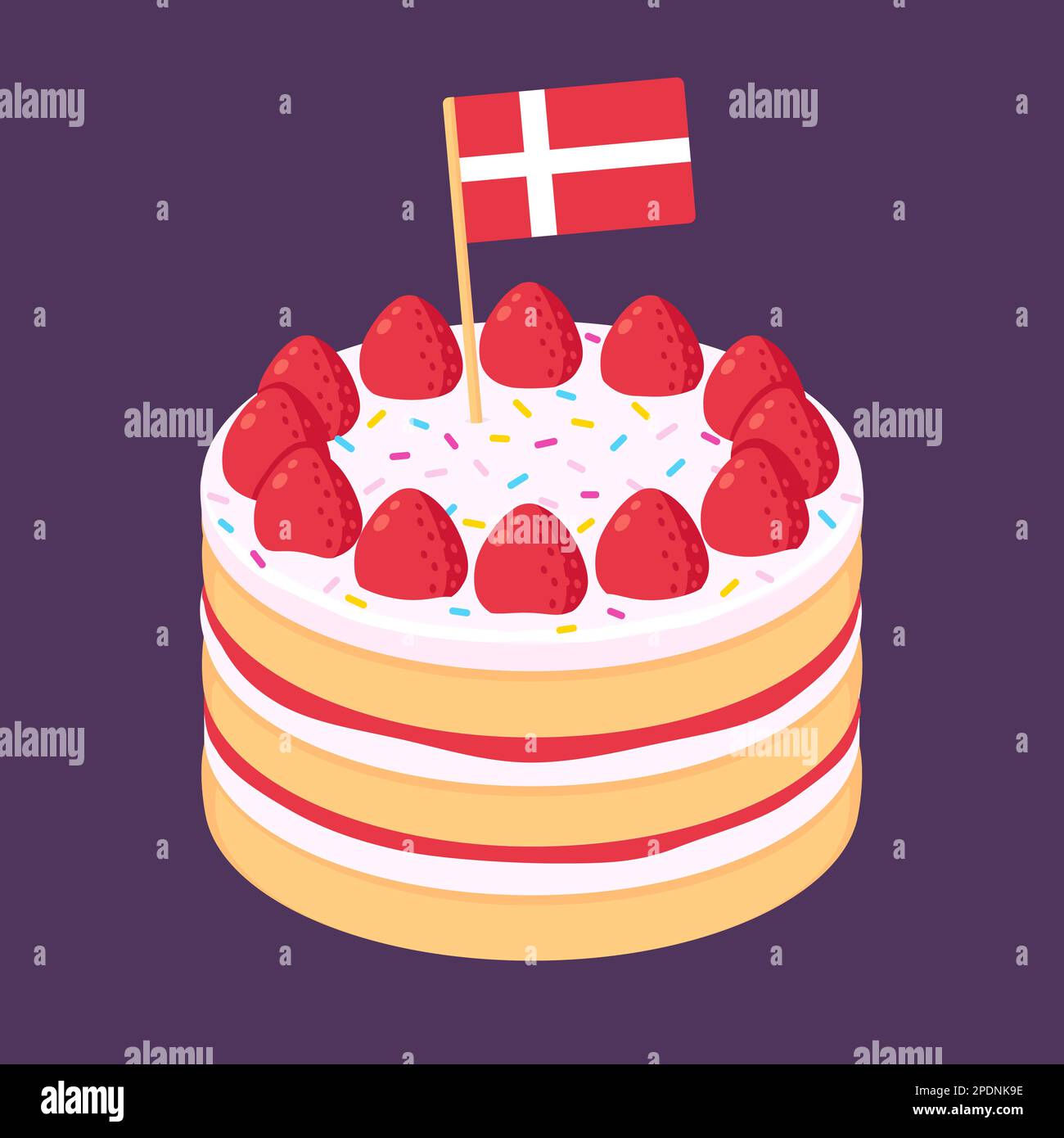 Die dänische Königin feiert ihren Geburtstag, Geburtstagskuchen mit dänischer Flagge. Cartoon-Vektordarstellung. Stock Vektor