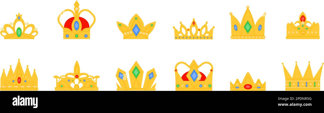 Königliches Gold krönt Ikonen. Krönungskrone, Kinder und Erwachsene Könige Dekoration. Königin Diadem, Siegessymbole gesetzt. Anständiges Prinzessinnen-Vektorlogo Stock Vektor