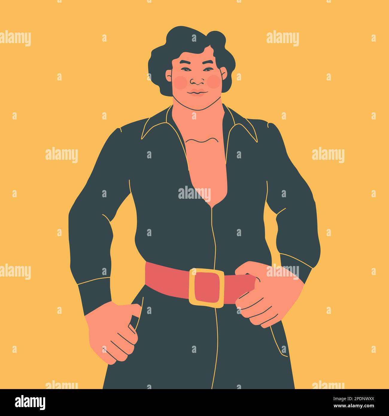 Mode und Stil der 70s Jahre. Hübscher junger Mann im Vintage-Stil. Vektor-Modezeichnung. Stock Vektor