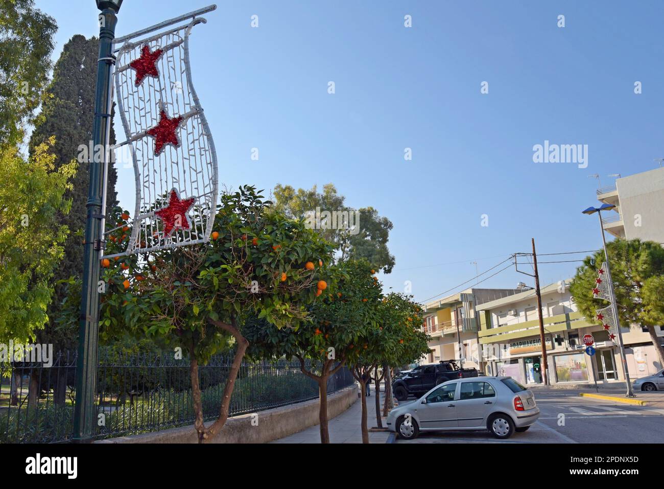 Öffentliche Weihnachtsdekorationen neben einem Orangenbaum mit reifer Frucht auf der Insel Chios, Griechenland, Dezember 2022 Stockfoto