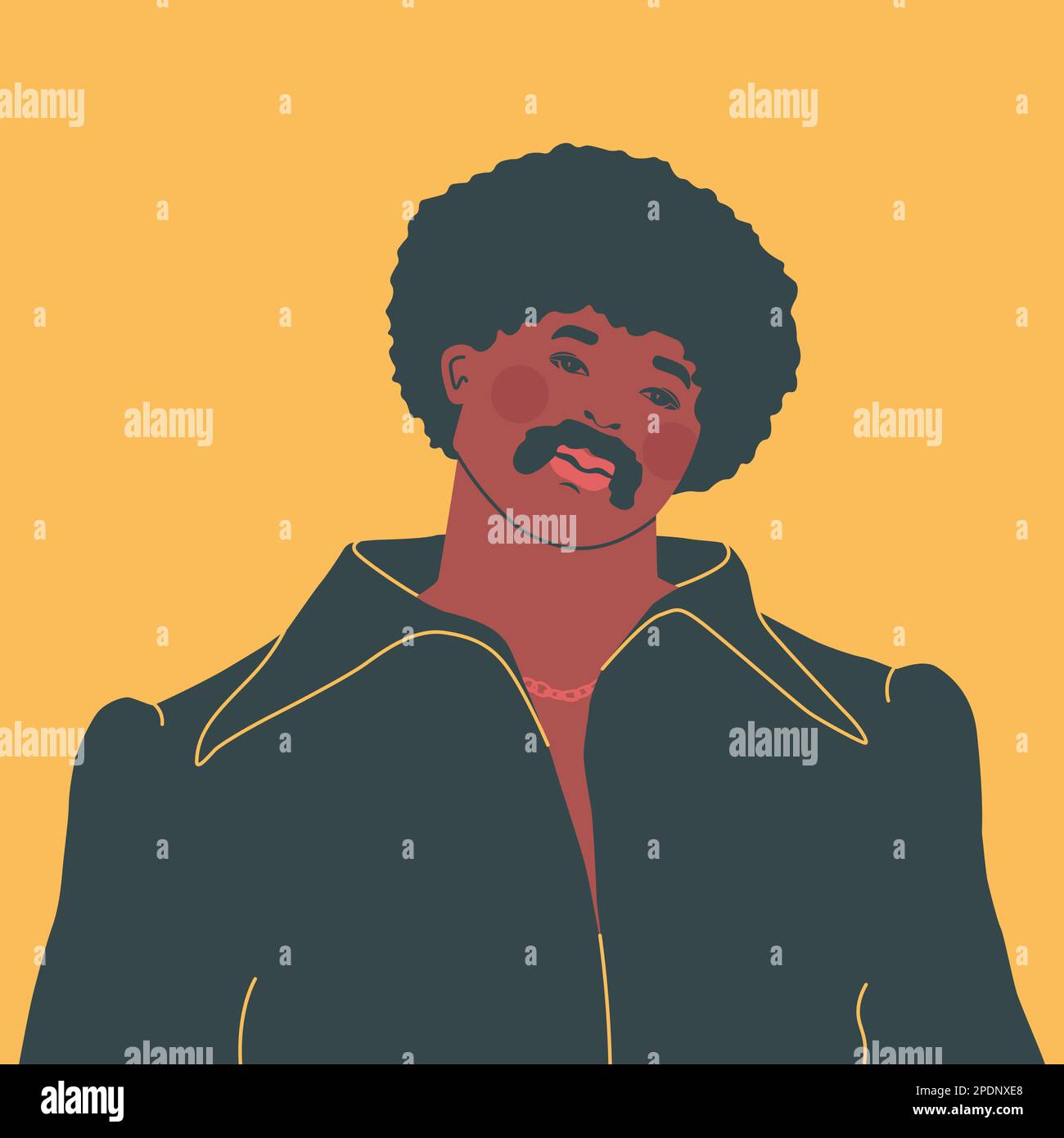 Mode und Stil der 70s Jahre. Hübscher junger Afro-Mann im Vintage-Look. Vektor-Modezeichnung. Stock Vektor