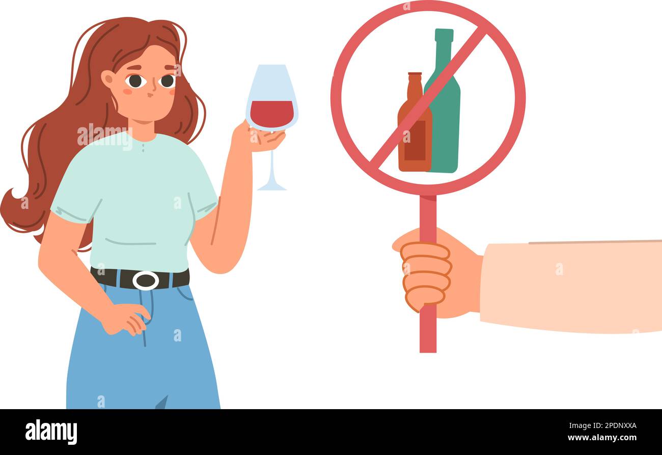 Hör auf zu trinken. Ein junges Mädchen hält ein Glas Wein, eine betrunkene Frau. Schlechte Angewohnheit, Alkoholsucht Erwachsenencharakter. Ungesunde Lebensstil-Vektorszene Stock Vektor