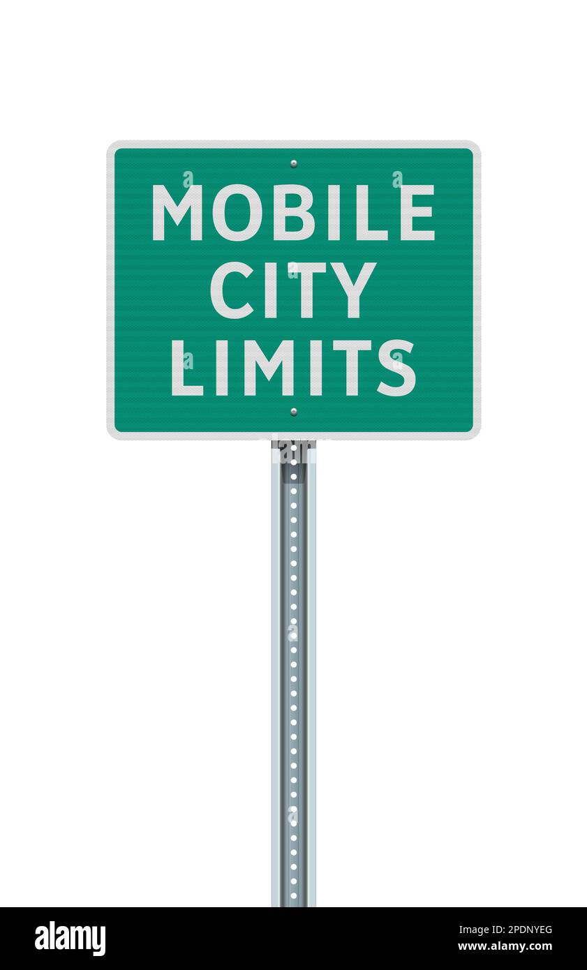 Vektordarstellung des grünen Straßenschilds der Mobile (Alabama) City Limits auf einem metallischen Pfosten Stock Vektor