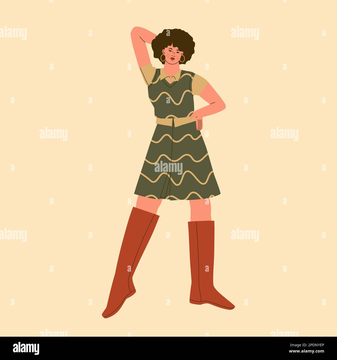 Mode und Stil der 70s Jahre. Süße junge Frau in einem kurzen Rock, einer Weste und hohen Stiefeln. Vektor-trendige Illustration. Stock Vektor