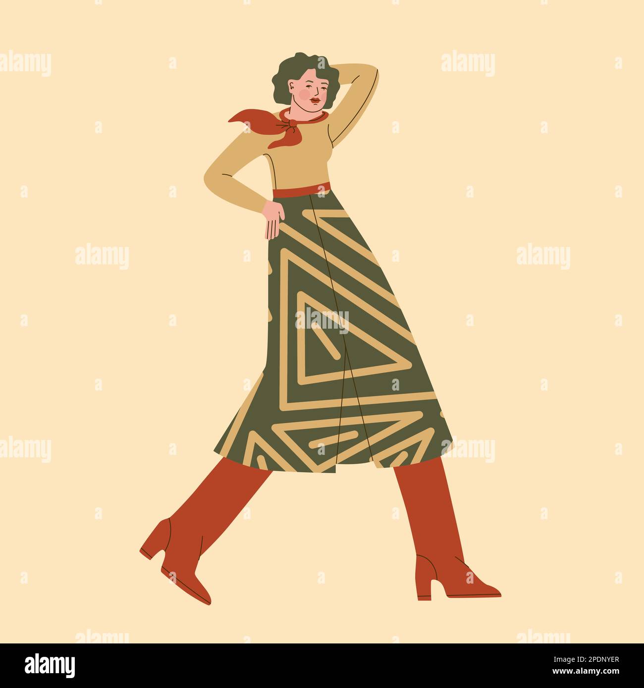 Mode und Stil der 70s Jahre. Süße junge Frau in einem langen Rock und hohen Stiefeln mit einem Schal um den Hals. Vektor-trendige Illustration. Stock Vektor
