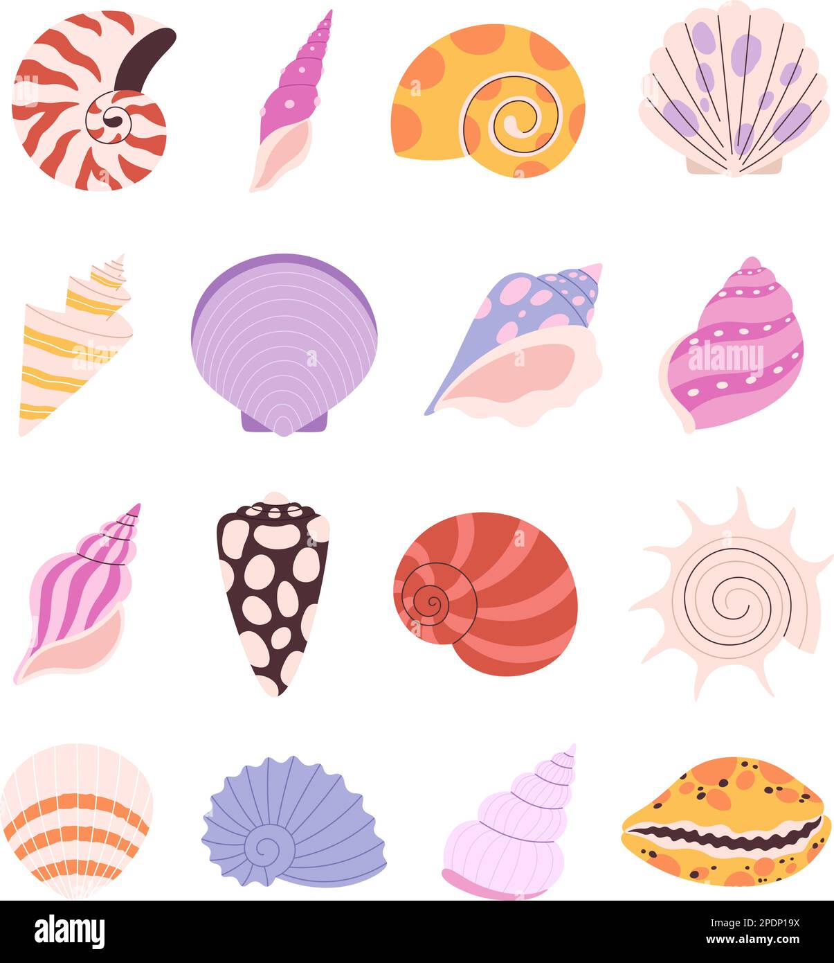 Muschel, Auster, Muscheln-Set. Cartoon-Muscheln und Seesterne, Ozean-Unterwasserkorallenelemente. Isolierte Meeresstrände Natur Vektorsymbole Stock Vektor