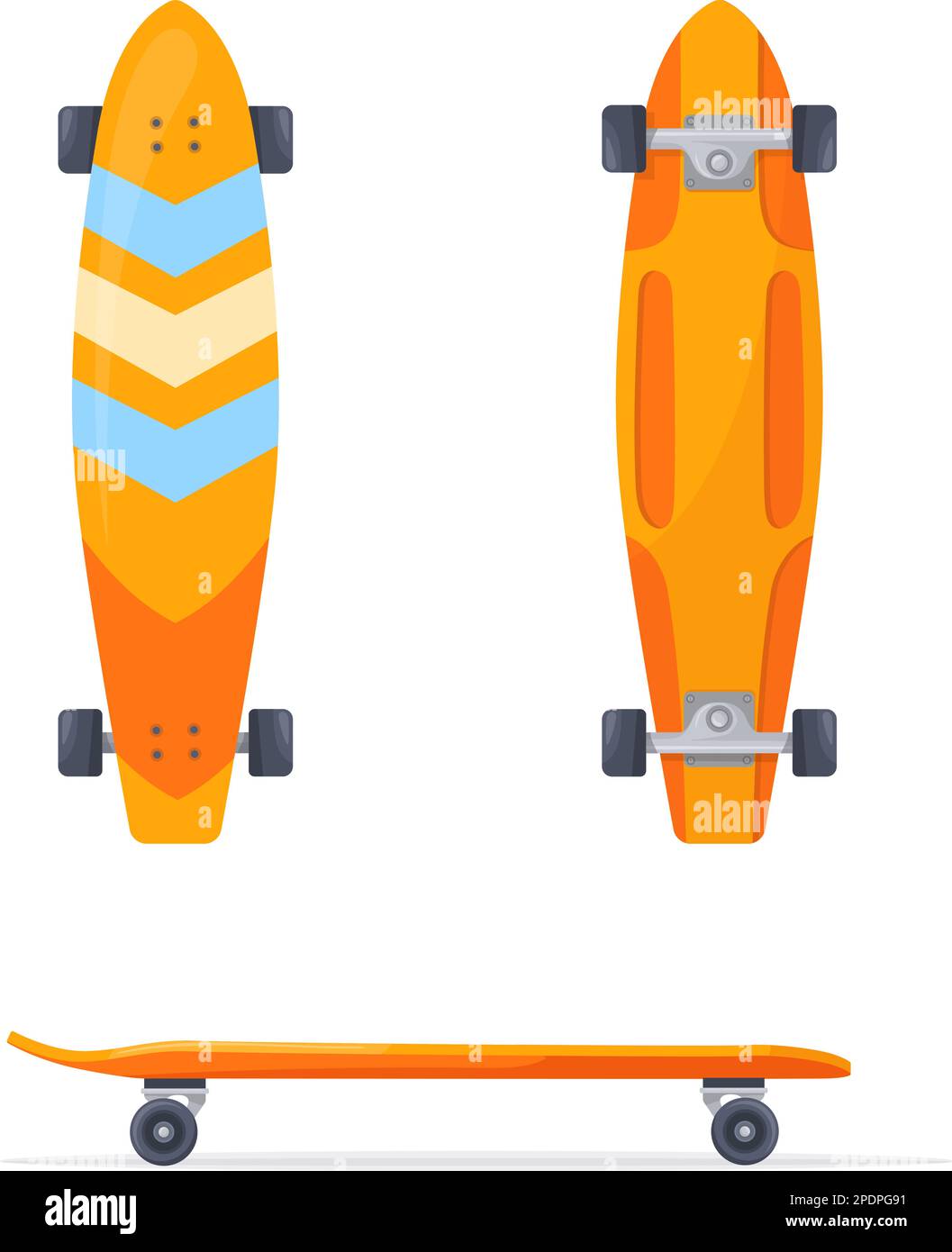 Skateboard-Deck. Skateboard-Ansicht von oben, isolierte Longboard-Vorlage Skateboarder-Ausrüstung-Mockup-Design, geschnitzte Skateboards mit Rädern, Cartoon-saubere Vektordarstellung der Skateboard-Aktivität Stock Vektor