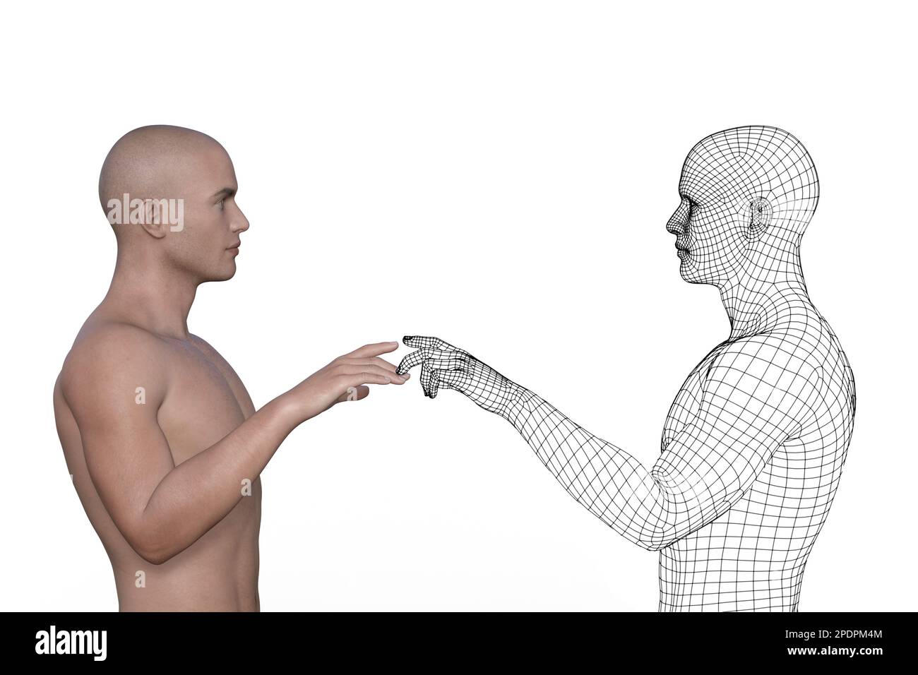 Mann und männliches Drahtmodell berühren sich mit Zeigefingern auf weißem Hintergrund. Stockfoto