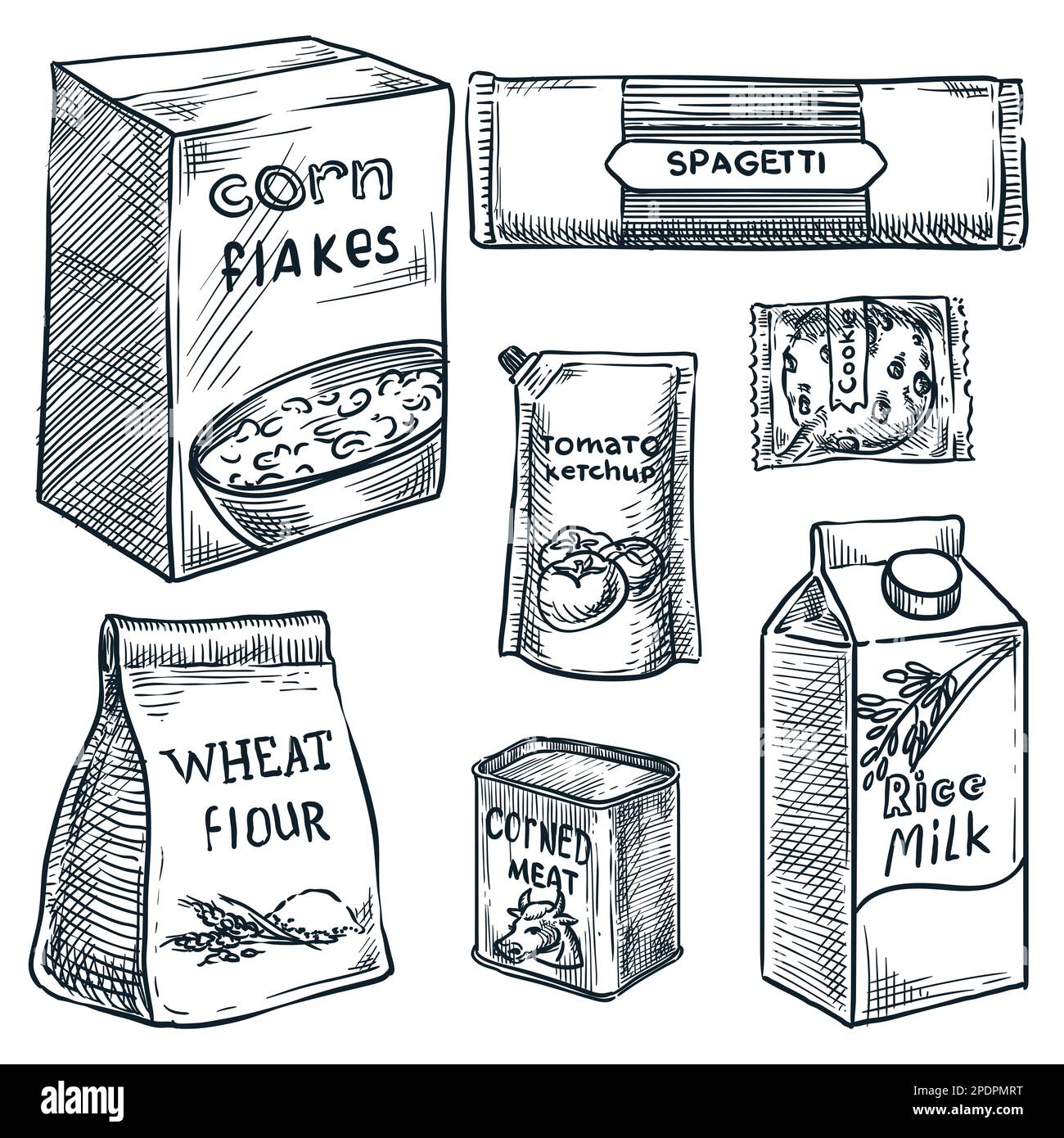 Lebensmittel in Verpackungen, auf weißem Hintergrund isolierte Designelemente. Mehl in Kartons und Kunststoffverpackungen handgezeichnete Vektorskizzen Illustratio Stock Vektor
