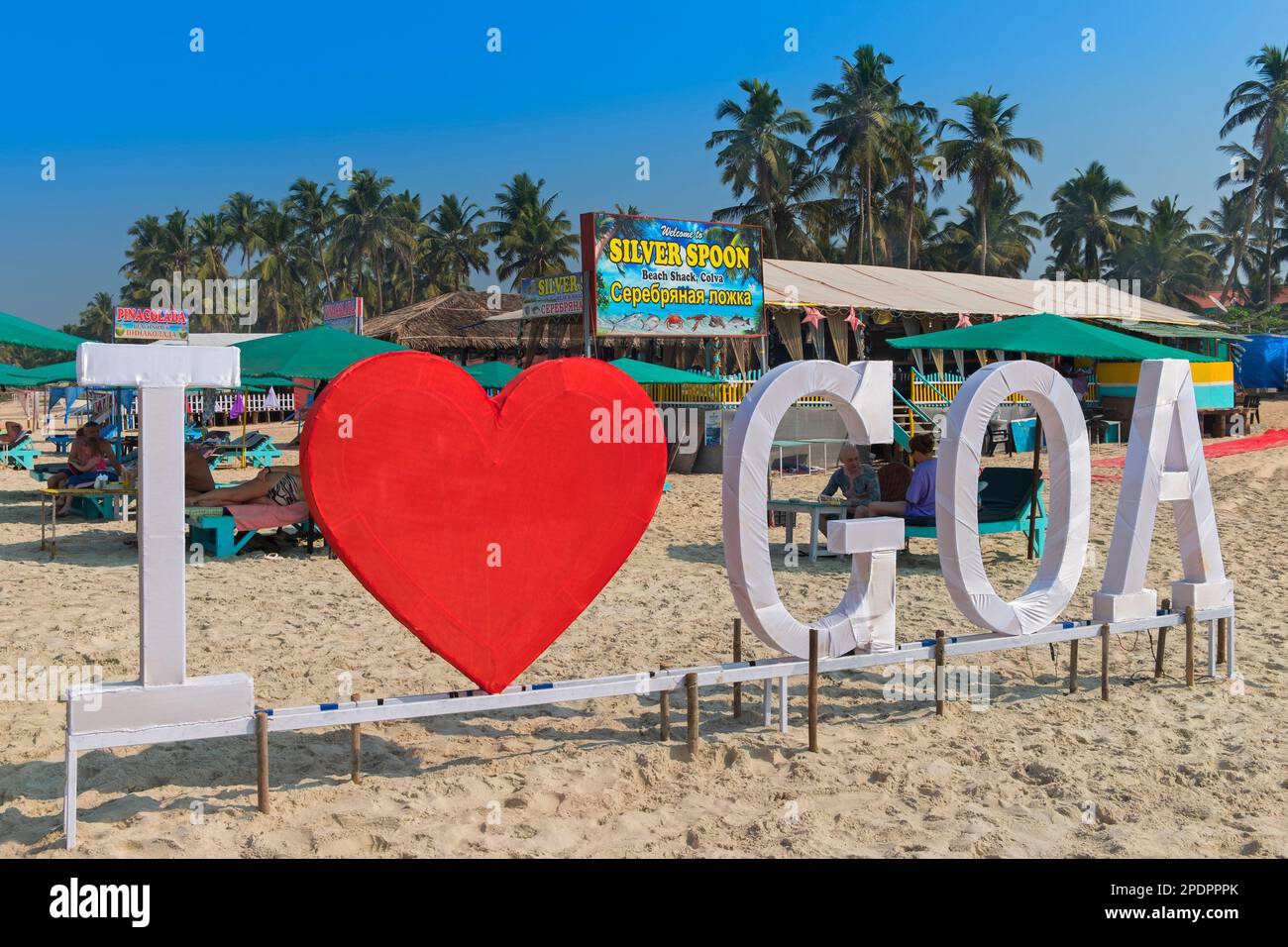 Ich liebe Goa-Zeichen. Colva Beach Goa India Stockfoto