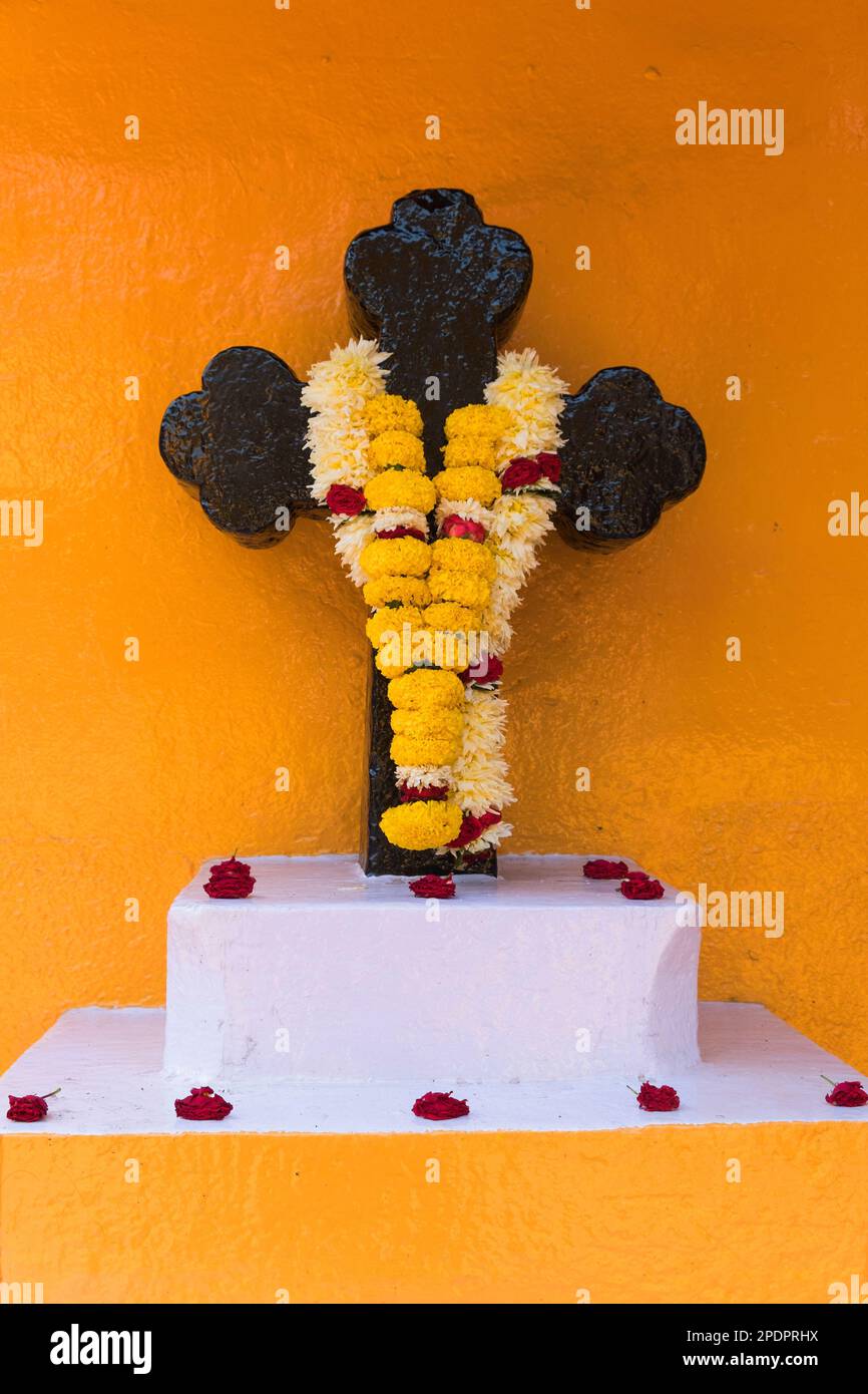 Steinkreuz Schrein Fontainhas Panjim Goa Indien Stockfoto