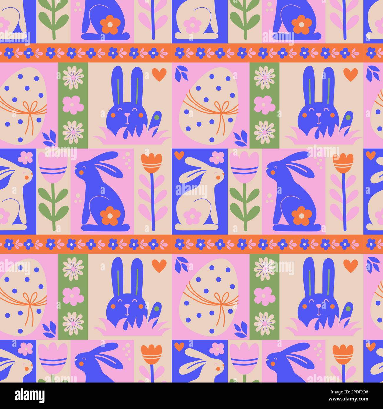 Ostern abstraktes Nahtloses Muster. Fliesendesign mit geometrischem Muster und niedlichen Häschen, Eiern und Blumen. Vektordarstellung. Moderner Minimalismus Stock Vektor