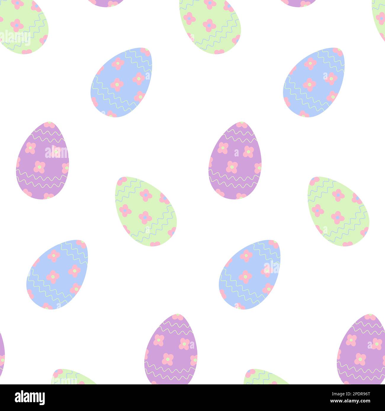 Nahtloses Muster aus Ostereiern in trendy, sanftem Grün, Flieder und Blau mit Wellen- und Blumenmuster. Isolieren. Design für Hintergrund, Hintergrundbild, Web oder Gruß, Einladung, Poster, Broschüre oder Preis. EPS Stock Vektor