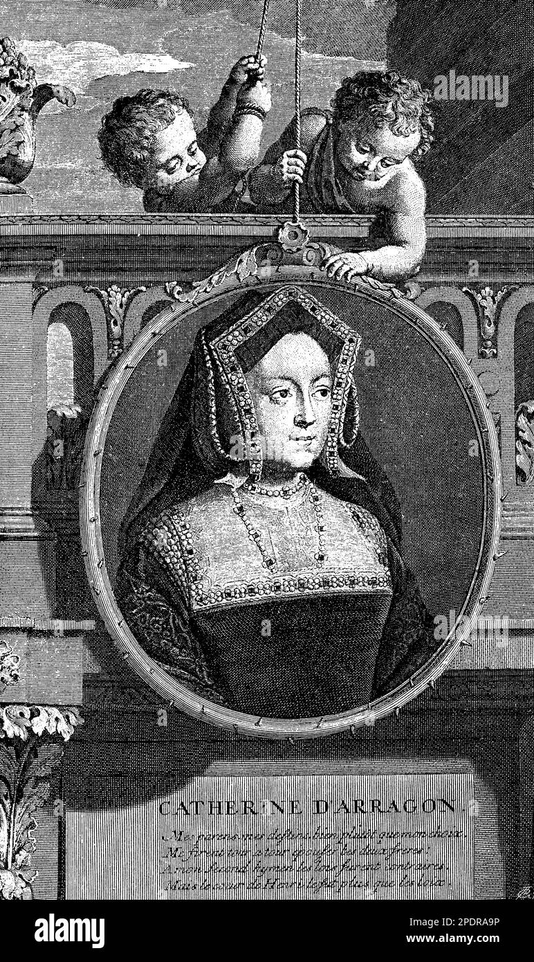 Katharina von Aragon (1485-1536) war die erste Frau von König Heinrich VIII. Von England. Sie war zunächst beliebt und wurde für ihre Frömmigkeit und ihren politischen Scharfsinn respektiert, aber ihre Unfähigkeit, einen männlichen Erben zu tragen, führte zur Annullierung ihrer Ehe und ihrem anschließenden Exil aus dem Gericht. Catherine weigerte sich, die Annullierung und ihren Status als Königin zu akzeptieren, was dazu führte, dass sie sich von ihrer Tochter Mary I entfremdet hat Sie starb 1536 und glaubte immer noch, Henrys rechtmäßige Frau zu sein Stockfoto