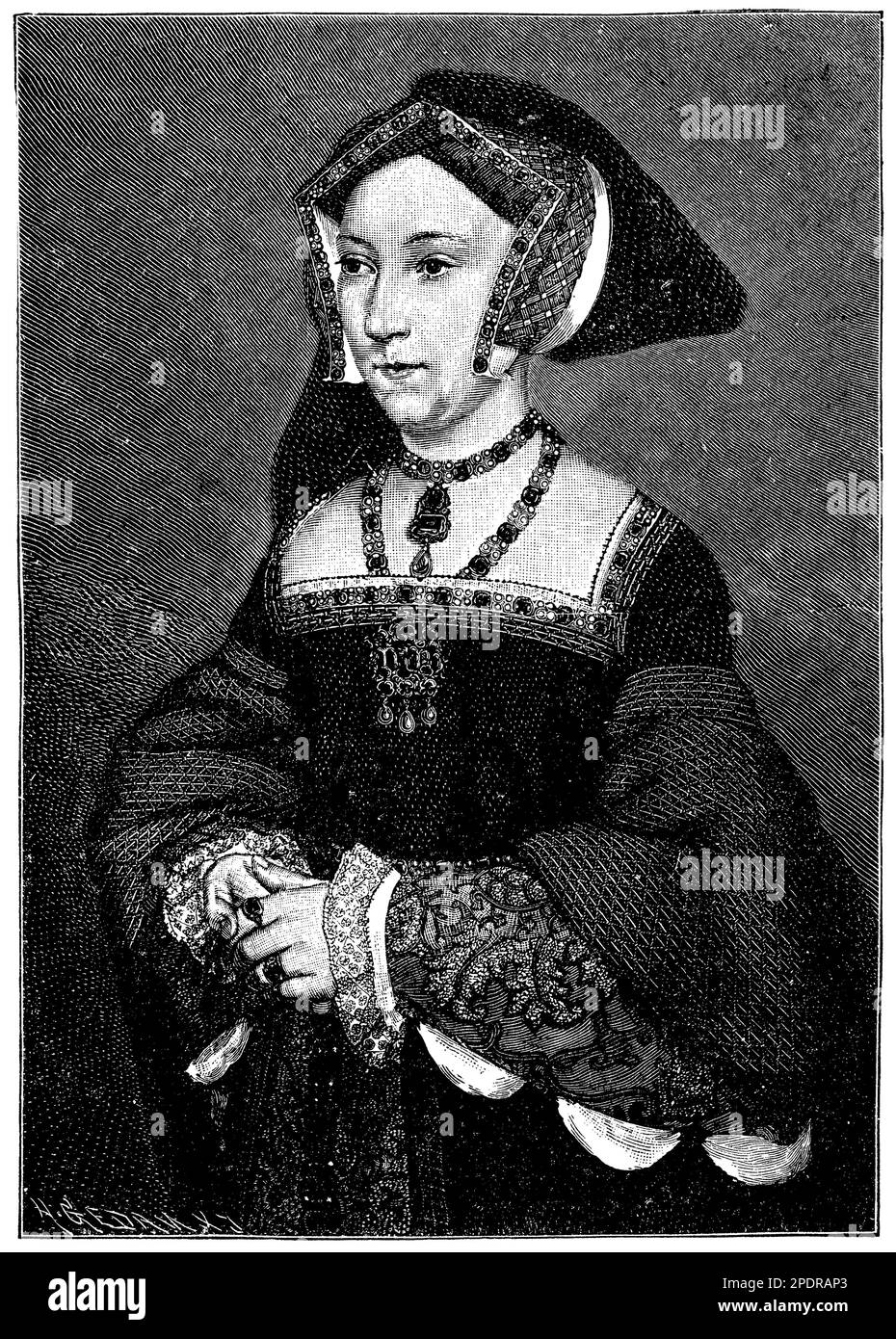 Joan Seymour (ca. 1508-1537) war die dritte Ehefrau von König Heinrich VIII von England und die Mutter von König Edward VI Joan war bekannt für ihr ruhiges und sanftes Auftreten und war nach der turbulenten Beziehung mit seiner früheren Frau Anne Boleyn ein Favorit von Henrys. Joan gebar einen Sohn und sicherte sich ihre Position als Königin, aber sie starb kurz darauf an Komplikationen im Zusammenhang mit der Geburt. Trotz ihrer kurzen Herrschaft und des Mangels an historischer Dokumentation bleibt Joan eine bemerkenswerte Figur in der Geschichte von Tudor. Stockfoto
