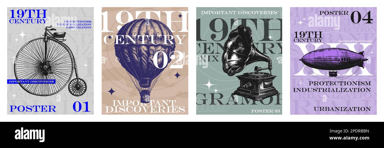 Vintage-Poster wichtiger Entdeckungen des 19. Jahrhunderts Stock Vektor