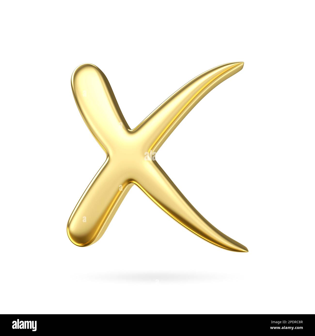 3D goldenes Metallsymbol mit Kreuz. Symbol X-Markierung prüfen. Aktivieren Sie das Häkchen in der Farbe des goldenen Zeichens. Negatives oder Ablehnungszeichen, 3D-Rendering Stockfoto