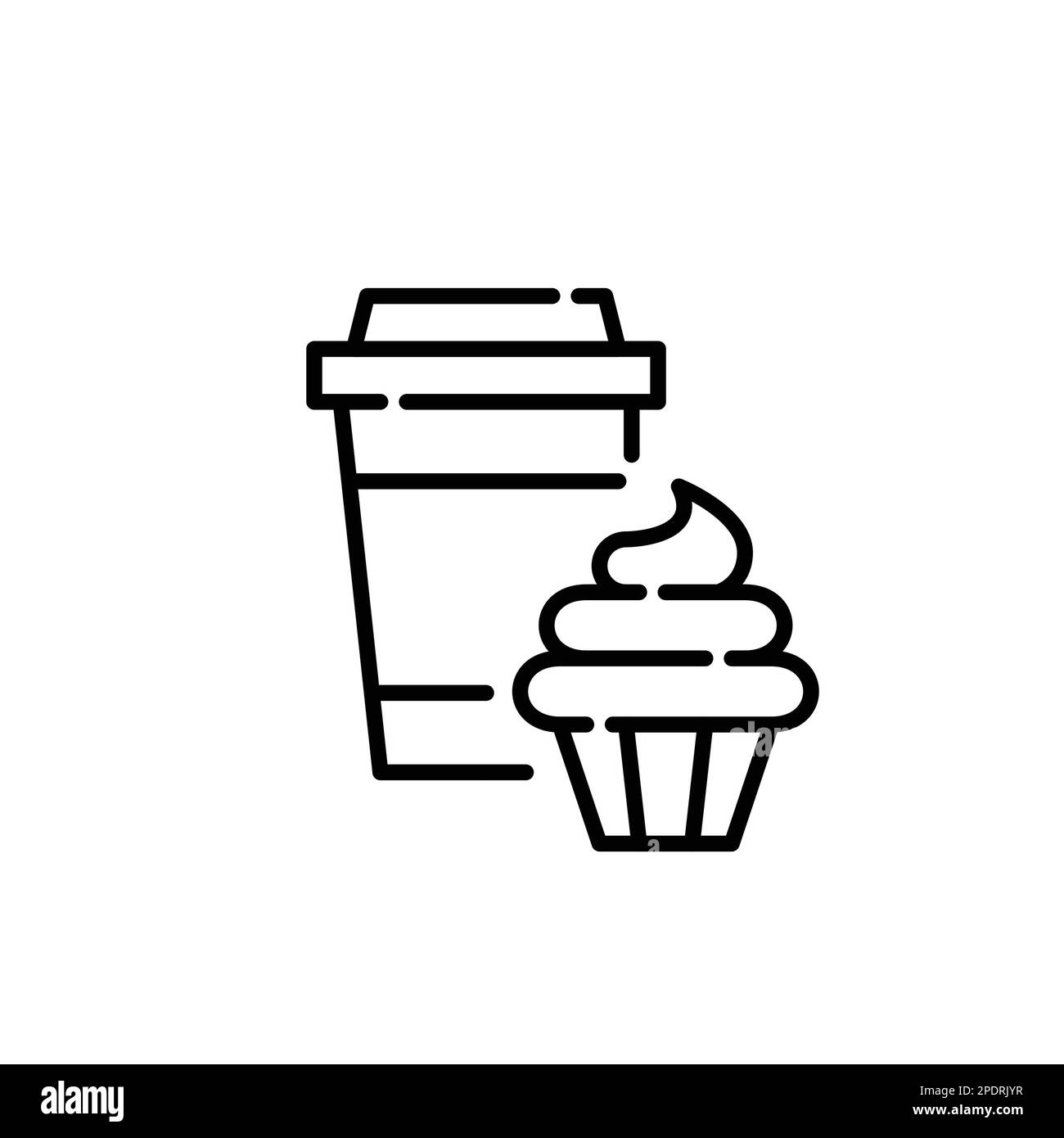 Kaffee zum Mitnehmen und Cupcake. Süße Entspannungsreise. Pixelgenaue, bearbeitbare Kontur Stock Vektor