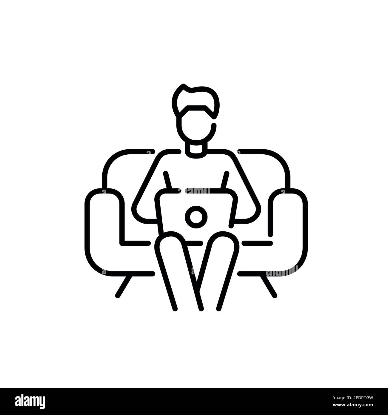 Ein Typ sitzt auf einem Sofa mit einem Computer. Arbeiten von zu Hause aus. Pixelgenaue, bearbeitbare Kontur Stock Vektor