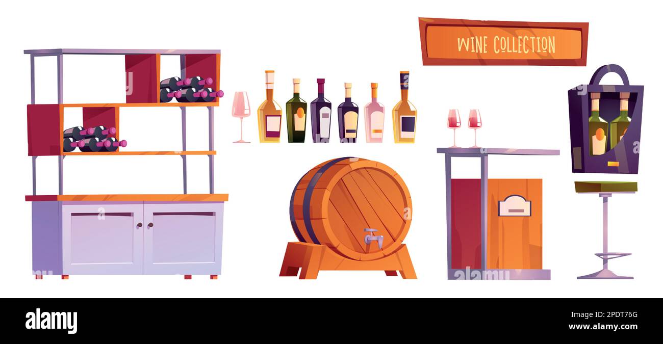 Weinladen oder Bar im Inneren isolierte Cartoon-Objekte mit Flasche auf weißem Hintergrund. Alkoholkeller- oder Pub-Möbelsammlung. Holzfass, Tisch und Stuhl für die Lagerung in der Weinindustrie. Stock Vektor