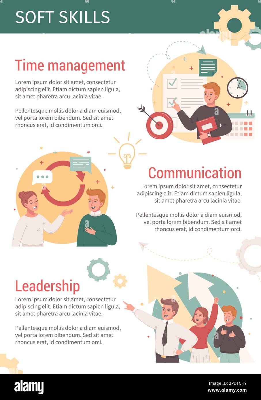 Vorlage für Infografiken zu Soft Skills mit Informationsabschnitten zum Kommunikationszeitmanagement für Führungskräfte flache Vektordarstellung Stock Vektor