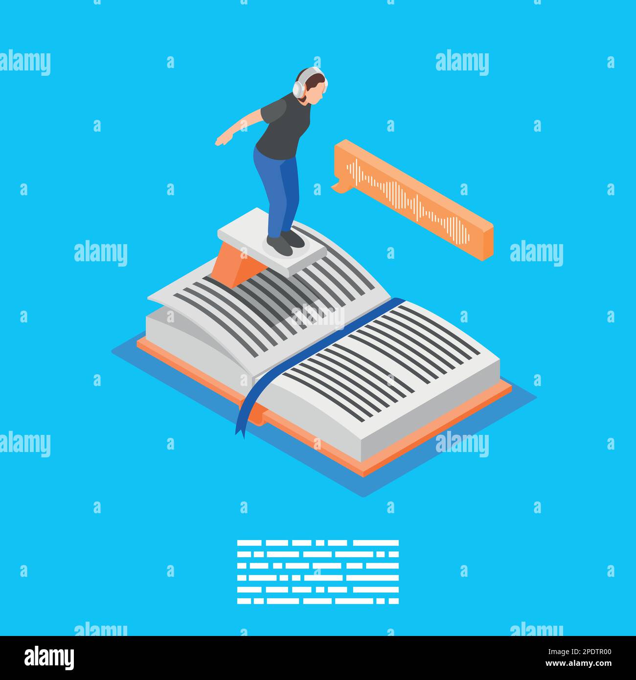 Hörbücher isometrischer Hintergrund mit Komposition des weiblichen Charakters auf Trampolin auf offener Buchvektordarstellung Stock Vektor