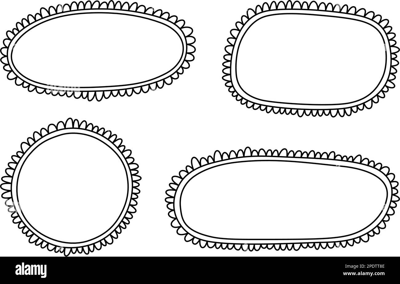 Doodle Circle und quadratische Muschelrahmen. Handgezeichnete Rechteck- und Ellipsenformen mit ausgekrümmten Kanten. Einfaches Etikettenformular. Rahmen aus Blumenspitze Stock Vektor