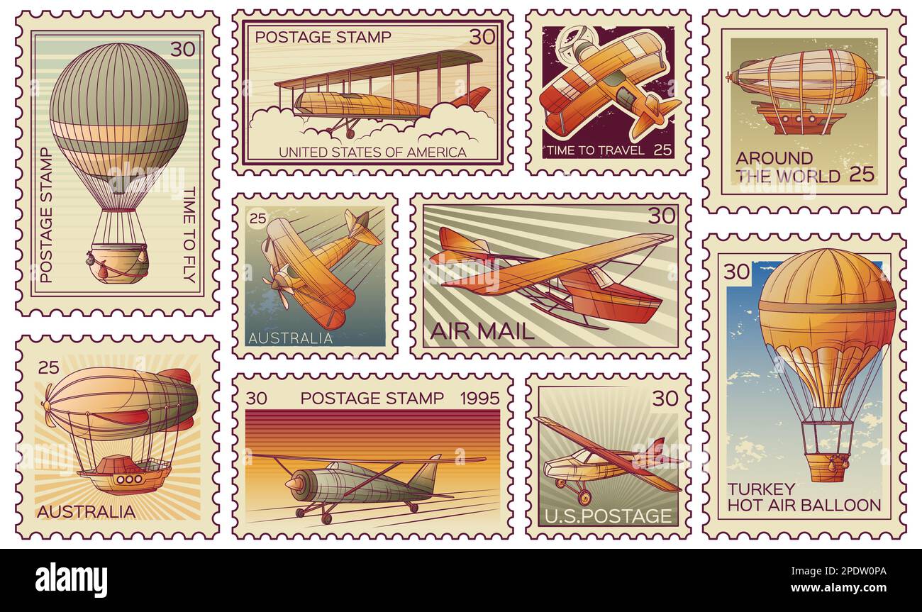 Aeronautics Retro Vintage Flugzeugtransport Briefmarken mit isolierten Postetiketten mit Text- und Wertbildungstafeln Stock Vektor