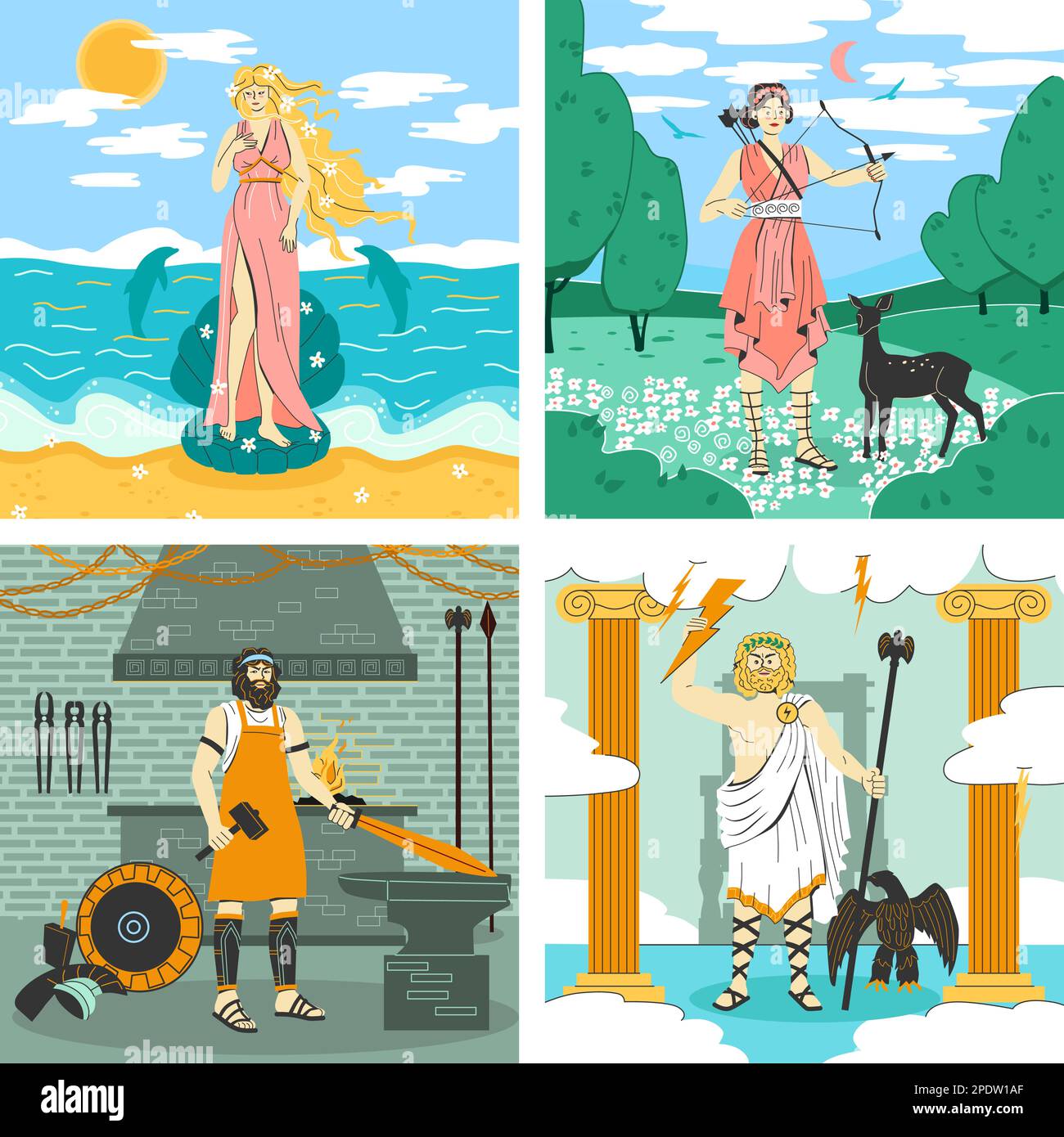 Olympus Gods 2x2 Designkonzept bestehend aus vier quadratischen Ikonen mit griechischen Mythologiefiguren Vektordarstellung Stock Vektor