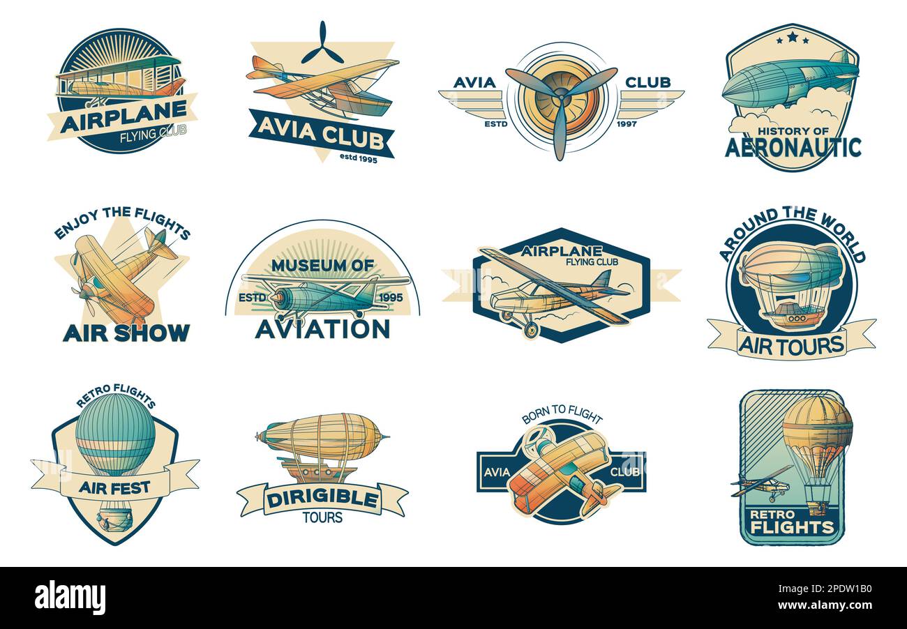 Aeronautics Retro-Vintage-Flugzeugtransportzeichen mit isolierten Kompositionen von Bändern Text und Vektordarstellung von Luftschiffen Stock Vektor